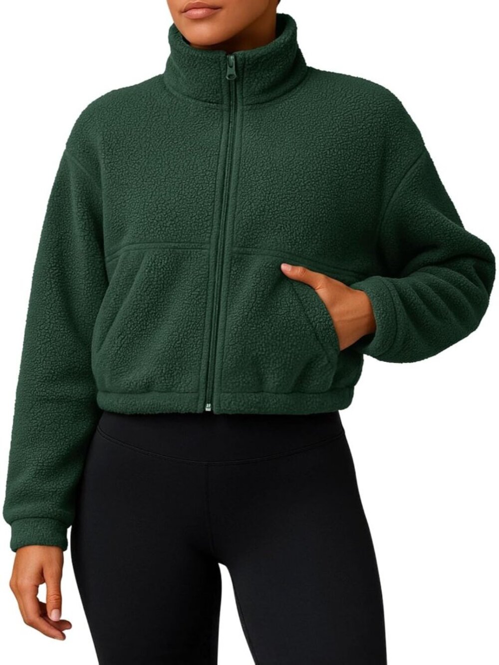 Women's Green 100% Polyester Cropped Stand Collar Full-Zip Fuzzy Fleece Jacket